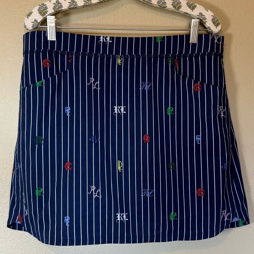 Ralph Lauren RLX Golf Skirt Navy Blue White Stripes Logo Print Large - Picture 2 of 8